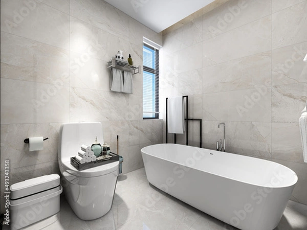 Fototapeta 3D rendering,Clean modern residential bathroom and toilet design, which is equipped with washstand, toilet and shower equipment, etc.