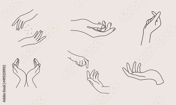 Fototapeta A set of Woman's hand icon collections in a minimal linear style. Vector logo design templates with different hand gestures, Crystal. For cosmetics, beauty, tattoo, Spa, feminine, jewelry store