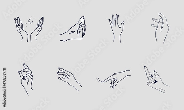 Fototapeta A set of Woman's hand icon collections in a minimal linear style. Vector logo design templates with different hand gestures, Crystal. For cosmetics, beauty, tattoo, Spa, feminine, jewelry store