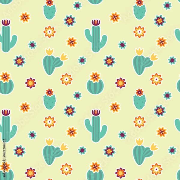 Fototapeta Seamless pattern with cacti and flowers. Vector ornament in boho style.