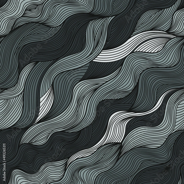 Obraz monochrome seamless vector pattern with long wavy leaves. gray abstract background