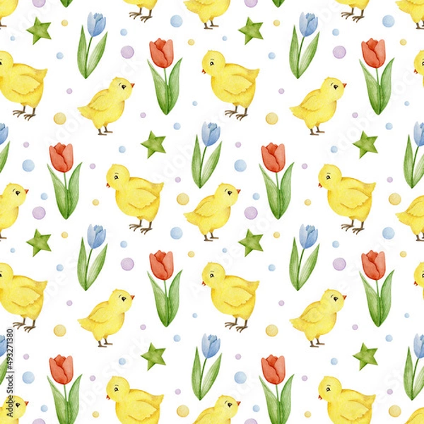 Fototapeta Watercolor seamless pattern spring, happy easter, holiday background. 