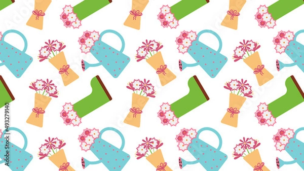 Fototapeta Seamless pattern of glass vases with different bouquets of flowers, and branches. Colored flat cartoon vector illustration isolated on blue. Concept of growing plants and herbs, gardening.
