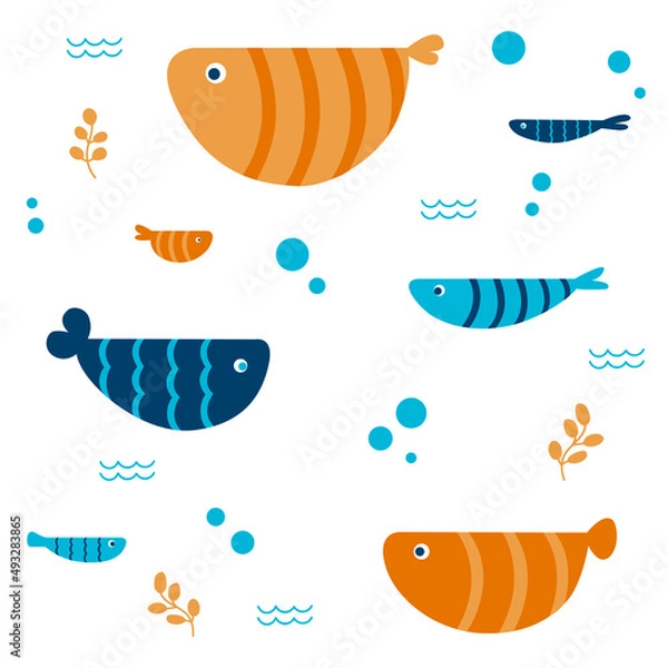 Obraz Isolated cute sea fish. Set of aquarium cartoon fish for print, children development. Varieties of decorative colored fish, flat geometric fish design