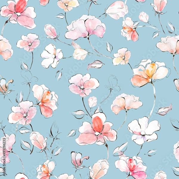 Fototapeta Seamless floral pattern on blue background. Hand drawn watercolor illustration with summer flowers may be used for textile, fabric, print, wallpaper.