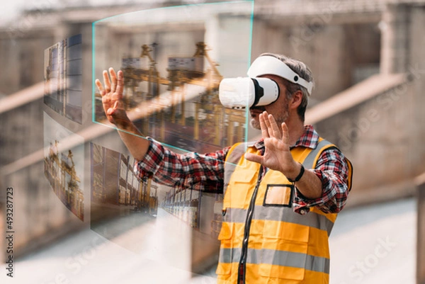 Fototapeta Senior engineer wearing AR goggle and browsing work area thought the virtual reallity. Technology Virtual reallity for industrial work space.