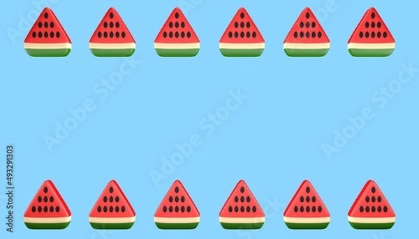 Fototapeta 3D illustration of watermelon slices, with space for text. Summer background. Bright illustration for summer.