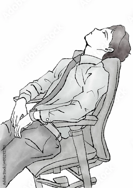 Fototapeta イラスト素材：オフィスチェアにもたれて目を閉じて一息休憩する男性の手描きイラスト（モノクロ）