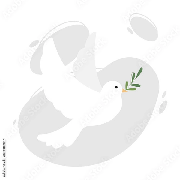 Fototapeta Flying white dove of peace with an olive branch in its beak. Pigeon of peace, bird symbol of tranquility, serenity, kindness, nobleness, security, safety and no war. Flat vector illustration.
