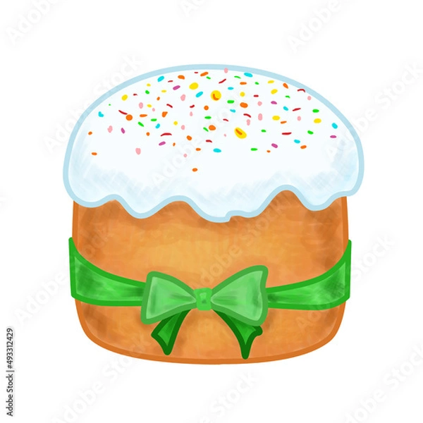 Fototapeta Easter cake.
Color illustration of easter cake. Easter cake with white icing, colored sprinkles and a green ribbon on a white background. Idea for Easter cards.