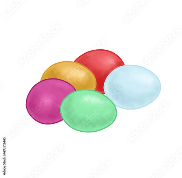 Fototapeta Easter eggs.
Color illustration of Easter eggs. Five solid colored eggs. Idea for Easter cards.