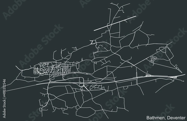Fototapeta Detailed negative navigation white lines urban street roads map of the BATHMEN DISTRICT of the Dutch regional capital city Deventer, Netherlands on dark gray background