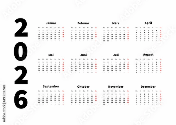 Obraz 2026 year simple horizontal calendar in german, typographic calendar isolated on white