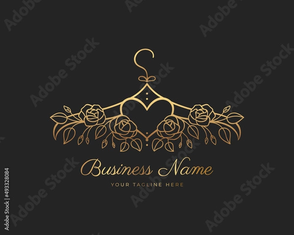 Fototapeta Hanger logo design with golden roses and a heart in the middle. Element for Atelier, wedding boutique, women's clothing store and fashion designer