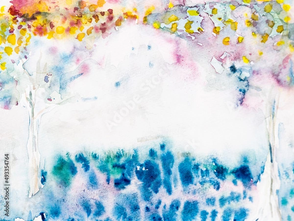 Obraz 水彩画　水彩　背景　ウオーターカラー　グラフィック　抽象的な　宇宙観　手書き　絵の具　水彩 カラフル　背景　バックグランド　自然　花