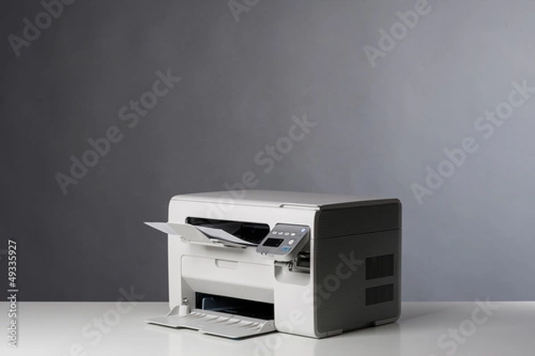 Fototapeta Drukarka laserowa na białym tle na szarym tle.