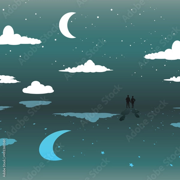 Fototapeta crescent moon night lover. Vector illustration with realistic moon and clouds and star sky.