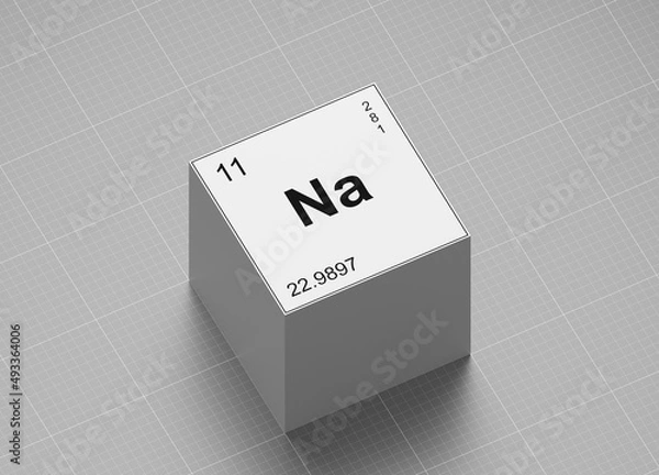 Fototapeta Sodium element symbol, from periodic table on white cube on milimeter paper 3D render orthographic projection view	
