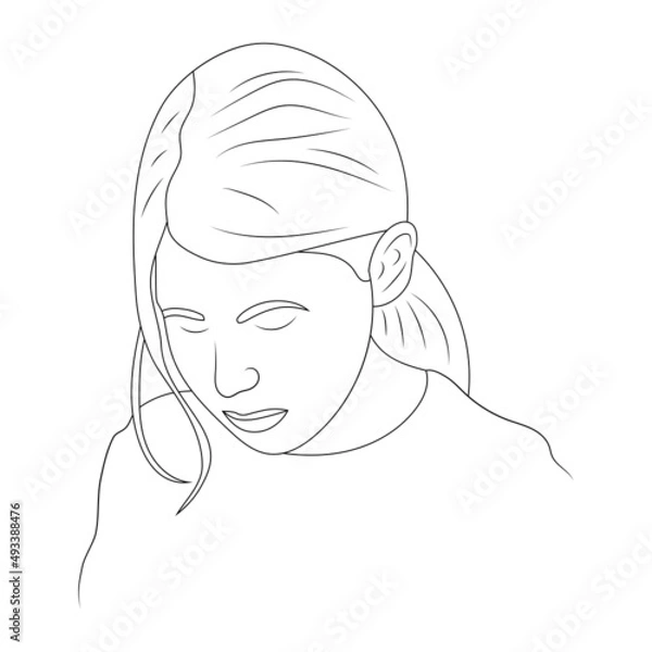 Obraz Sad girl looking down vector sketch illustration.