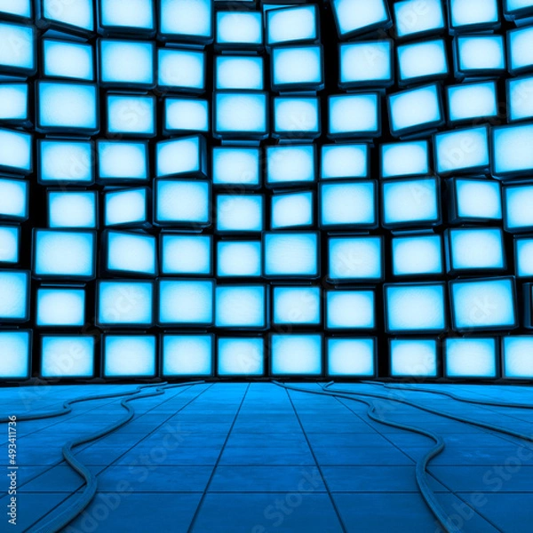 Fototapeta Monitor wall background - 3D illustration of wall of glowing blank computer screens