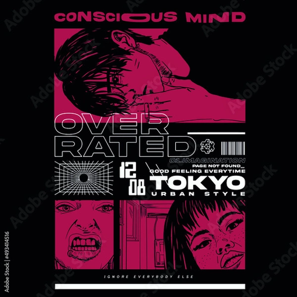 Obraz manga style face with geometric shape and slogan Vector design for t-shirt graphics, banner, fashion prints, slogan tees, stickers, flyer, posters and other creative uses	