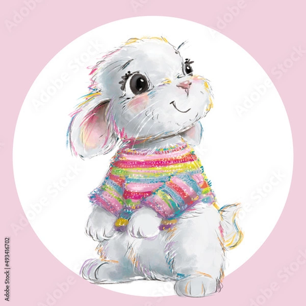 Fototapeta Słodki króliczek w kolorowym swetrze. Ilustracja Agnieszki Filipowskiej idealna jako obrazek/plakat do pokoju dziecięcego. Urocza grafika ze zwierzątkiem.
