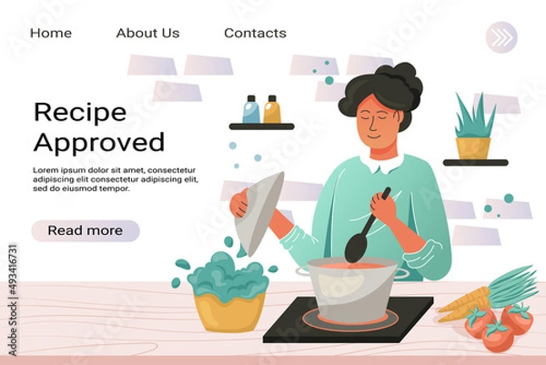 Fototapeta Recipe approved vector landing page template. Vector cartoon illustration, dinner, cozy home atmosphere.