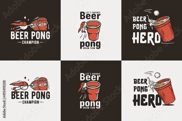 Fototapeta Beer pong game. T-shirt print with beer flying ball man for design competition or tournament in bar. Alcohol sport with throw and drink