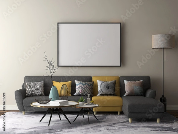 Fototapeta Mockup frame in living room with empty frame and gray yellow sofa. 3d illustration. 3d rendering