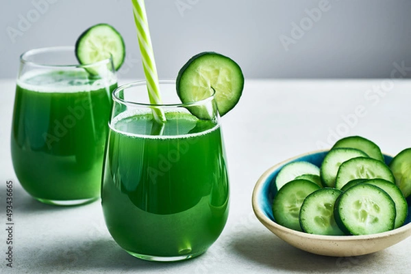 Fototapeta Cucumber juice. Fresh Cucumber green detox juice in glass. Homemade cucumber juice.