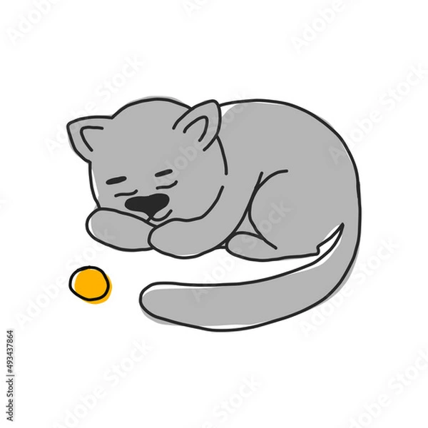 Fototapeta Vector illustration of cute sleeping grey cat with lettering lazy days, picture drawn with a tablet, cartoon card, can be used as fashion print for pajamas or t shirt, good night, sweet dreams