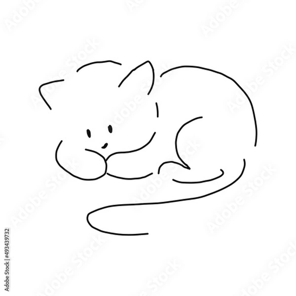 Fototapeta Cat continuous line drawing - cute pet sits with twisted tail side view isolated on white background. Editable stroke vector illustration of domestic animal in one line for logo or decorative element.