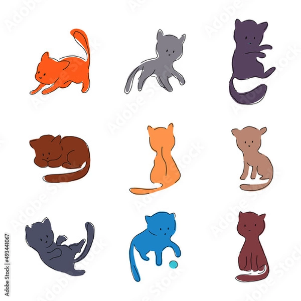 Fototapeta Bundle of adorable cats sleeping, stretching itself, playing with ball of yarn, hiding in box or basket. Set of purebred pet animals isolated on white background. Flat cartoon vector illustration.