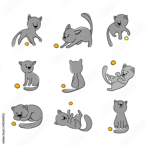 Fototapeta Set of cute adorable grey cat playing with orange ball of wool cartoon animal design flat vector illustration on white background