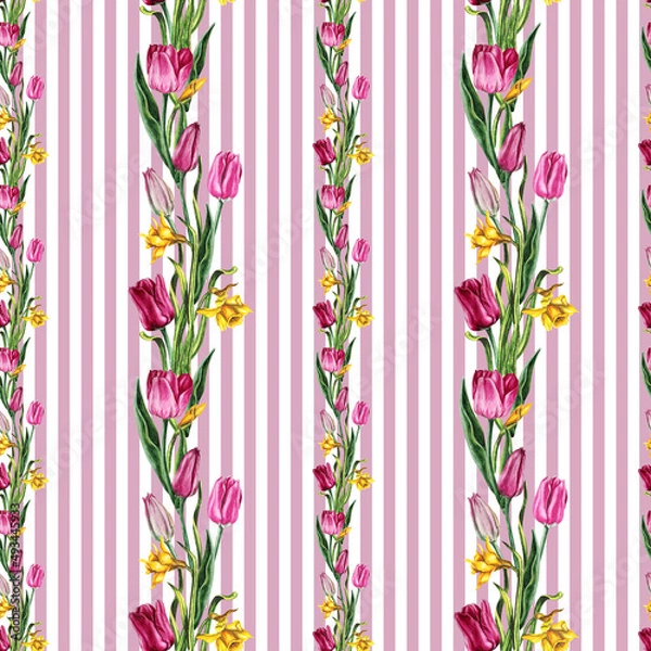Fototapeta Set of  watercolor illustrations spring flowers with Easter eggs