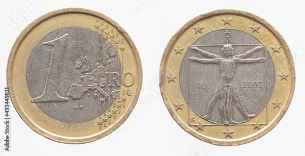 Fototapeta Italy - circa 2002 : a 1 Euro coin of Italy with a map of Europe and the Vitruvian man with open arms by Leonardo da Vinci.