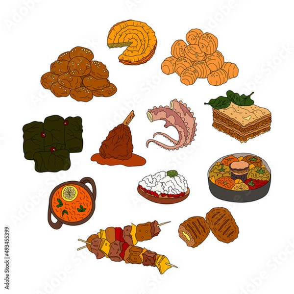 Fototapeta Hand drawn traditional Greece cuisine dish and desserts set. Design sketch element for menu cafe, bistro, restaurant, bakery, packaging, flyer or poster. Vector colorful illustration.