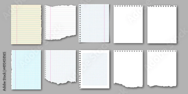 Fototapeta Notebook realistic torn pages and pieces of ripped paper for notes. Vector illustration