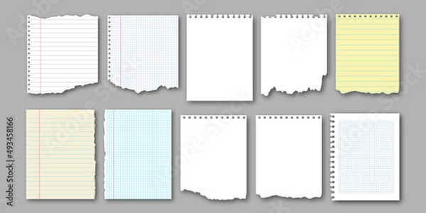 Fototapeta Collection of realistic notebook torn pages and pieces of ripped paper for notes. Vector illustration