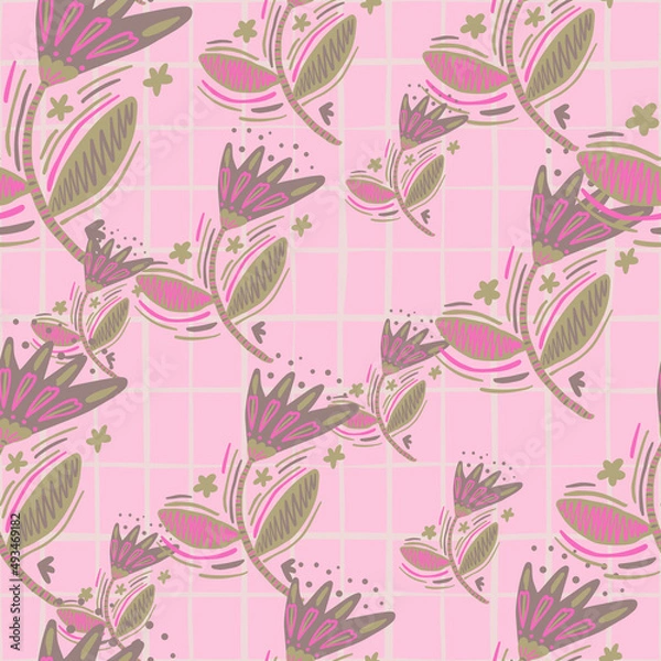 Obraz Seamless pattern with flowers and leaves in folk style. Naive art. Abstract floral wallpaper