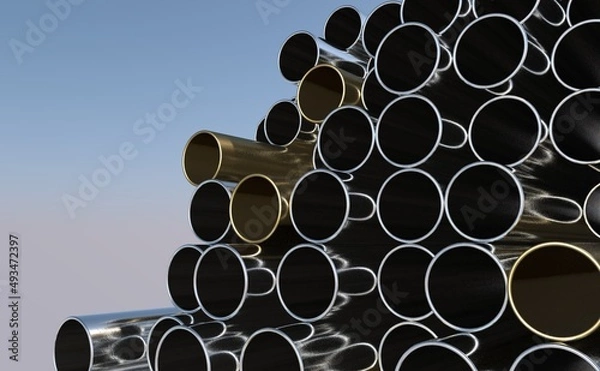 Fototapeta High quality Galvanized steel pipe or Aluminum and chrome stainless pipes in stack waiting for shipment in warehouse
