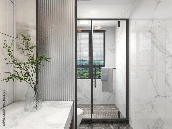 Fototapeta 3D rendering,Clean modern residential bathroom and toilet design, which is equipped with washstand, toilet and shower equipment, etc.