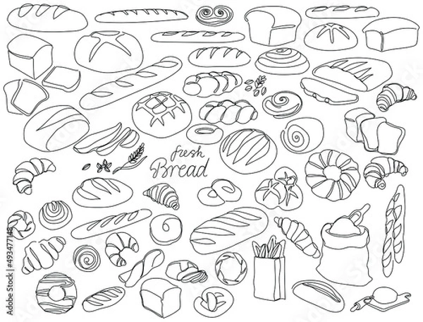 Obraz Continuous line bakery. One line bread, pretzel, croissant, baguette, bagel, muffin, loaf, cinnamon roll. Vector baked food set