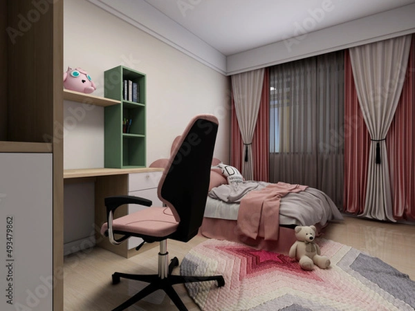 Fototapeta 3D rendering, elegant and modern bedroom design, big bed with overcoat cabinet, coffee table, TV, carpet, etc., very comfortable and leisure.