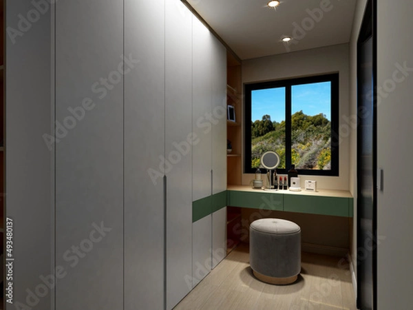 Fototapeta 3D rendering, elegant and modern bedroom design, big bed with overcoat cabinet, coffee table, TV, carpet, etc., very comfortable and leisure.