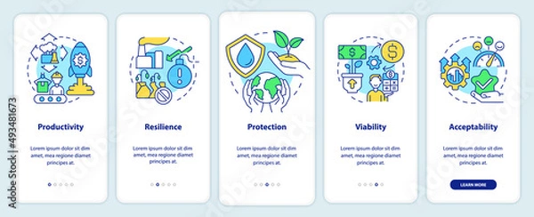 Fototapeta Sustainable land management objectives onboarding mobile app screen. Walkthrough 5 steps graphic instructions pages with linear concepts. UI, UX, GUI template. Myriad Pro-Bold, Regular fonts used