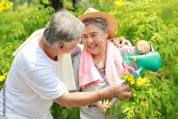 Fototapeta Asian senior couple incasual embracing and spending time in garden backyard while watering flowers plants with laughing and smiling on sunny day after retired. Happy elderly outdoor lifestyle concept.