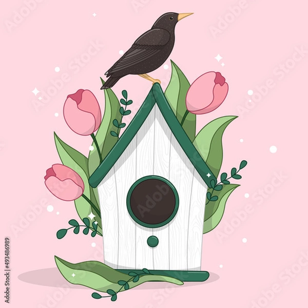Fototapeta Vector starlings and birdhouses, vector birdhouses, bird arrived in spring, spring card with birdhouse, cute birdhouse, hello spring, vector spring flowers, vector spring flowers, vector tulips