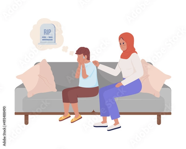 Obraz Kid scared of death semi flat color vector characters. Sitting figure. Full body people on white. Simple cartoon style illustration for web graphic design and animation. Bebas Neue font used