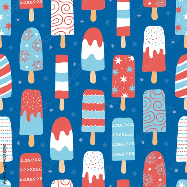 Obraz Fun bright ice lolly pattern in red, white and blue for Independence Day, celebrations, summer, July. Seamless vector background, wallpaper